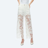 High Rise Wide Leg Lace Denim Jeans With Rhinestones - White at ooh la la! in Grapevine TX 76051