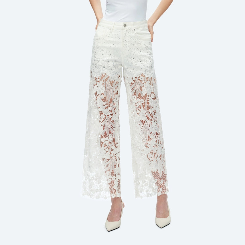 High Rise Wide Leg Lace Denim Jeans With Rhinestones - White at ooh la la! in Grapevine TX 76051