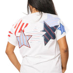 Queen of Sparkles, USA Star Tee, Patriotic Sequin Shirt, 4th of July Fashion, Designer Patchwork Tee, Red White and Blue Top, Luxury Graphic Tee at ooh la la! in Grapevine TX 76051