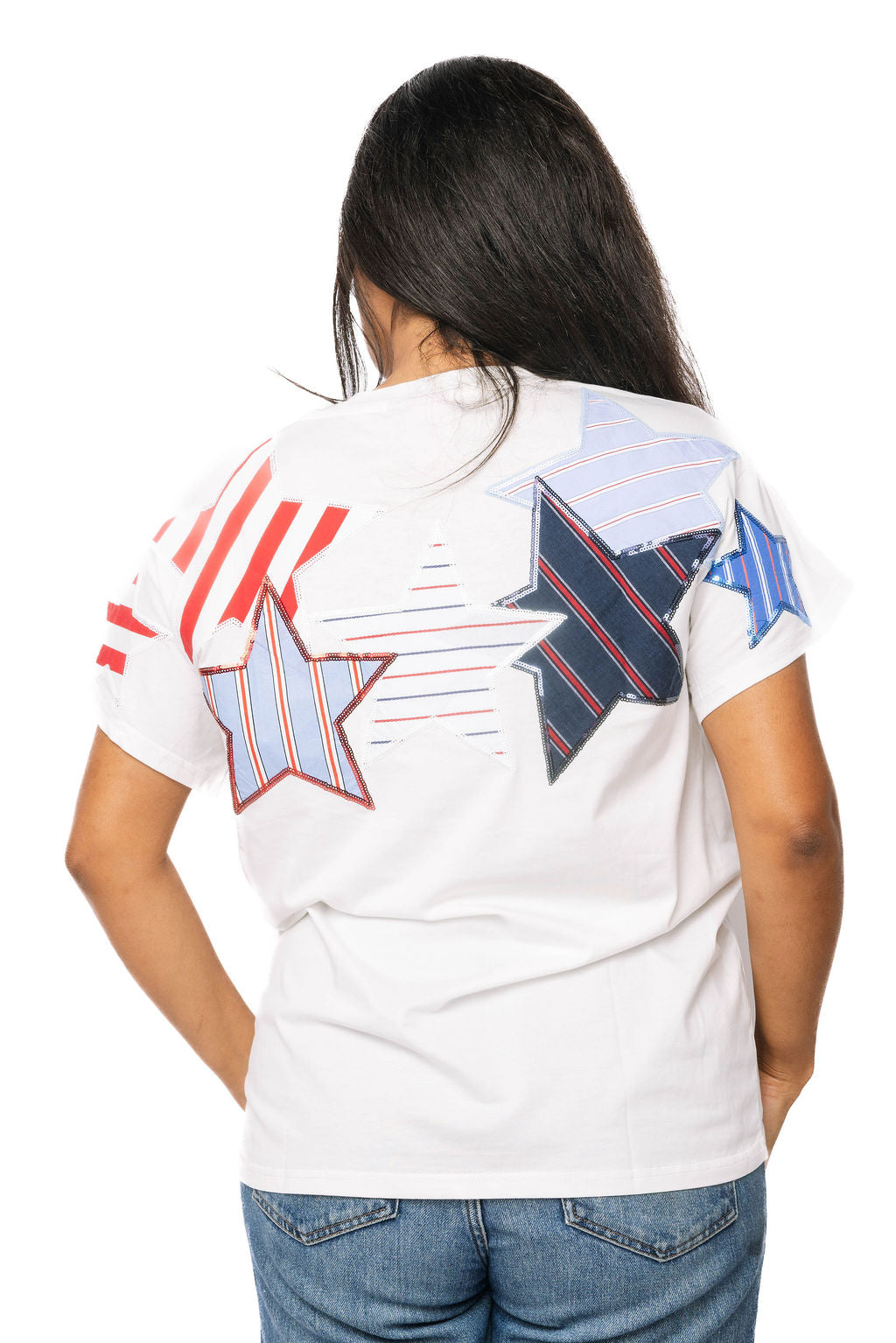 Queen of Sparkles, USA Star Tee, Patriotic Sequin Shirt, 4th of July Fashion, Designer Patchwork Tee, Red White and Blue Top, Luxury Graphic Tee at ooh la la! in Grapevine TX 76051