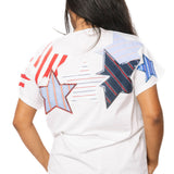 Queen of Sparkles, USA Star Tee, Patriotic Sequin Shirt, 4th of July Fashion, Designer Patchwork Tee, Red White and Blue Top, Luxury Graphic Tee at ooh la la! in Grapevine TX 76051