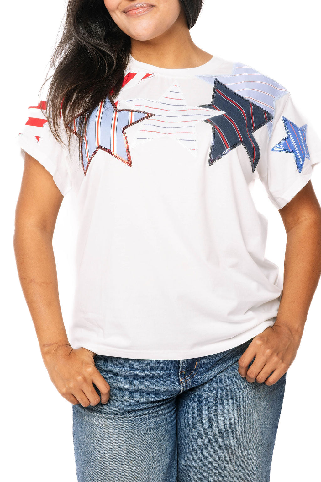 Queen of Sparkles, USA Star Tee, Patriotic Sequin Shirt, 4th of July Fashion, Designer Patchwork Tee, Red White and Blue Top, Luxury Graphic Tee at ooh la la! in Grapevine TX 76051