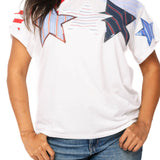 Queen of Sparkles, USA Star Tee, Patriotic Sequin Shirt, 4th of July Fashion, Designer Patchwork Tee, Red White and Blue Top, Luxury Graphic Tee at ooh la la! in Grapevine TX 76051