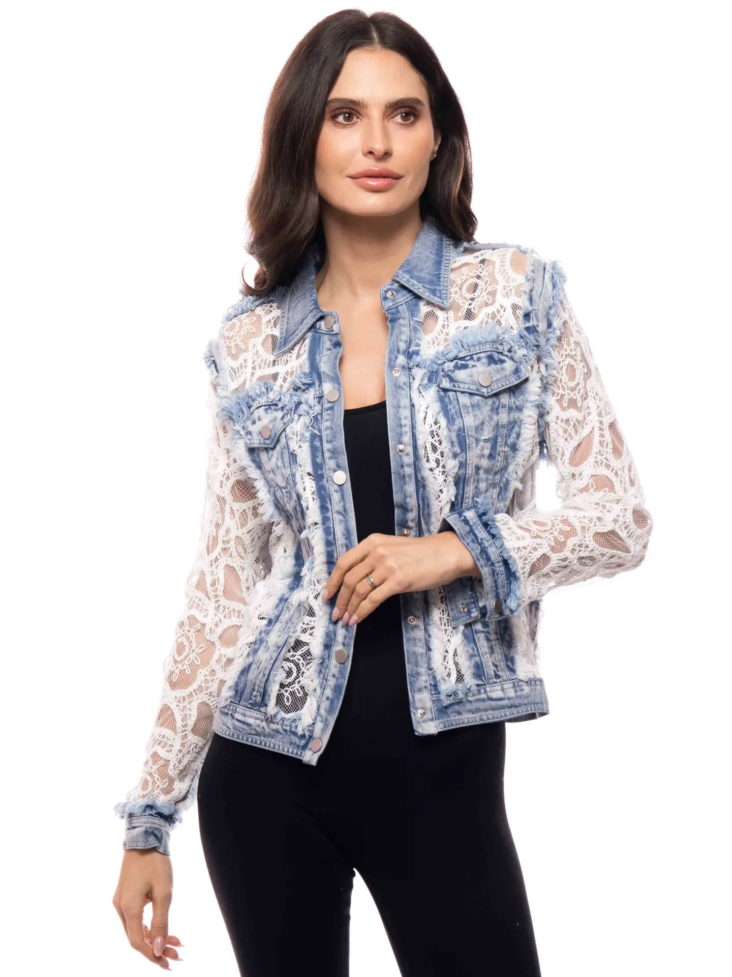 Adore Denim Jacket Inset with White Lace at ooh la la! in Grapevine TX 76051