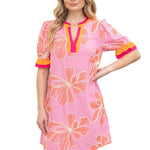 Embroidered floral dress, pink shift dress, summer vacation outfit, boutique floral dress, oversized embroidery, puff sleeve summer dress, resort wear for women, designer style shift dress. at ooh la la! in Grapevine TX 76051
