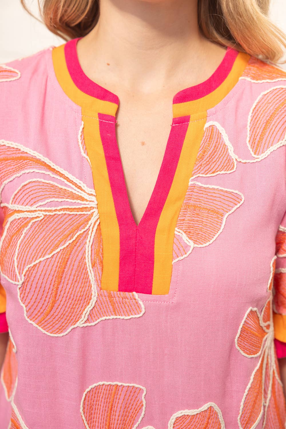 Embroidered floral dress, pink shift dress, summer vacation outfit, boutique floral dress, oversized embroidery, puff sleeve summer dress, resort wear for women, designer style shift dress. at ooh la la! in Grapevine TX 76051