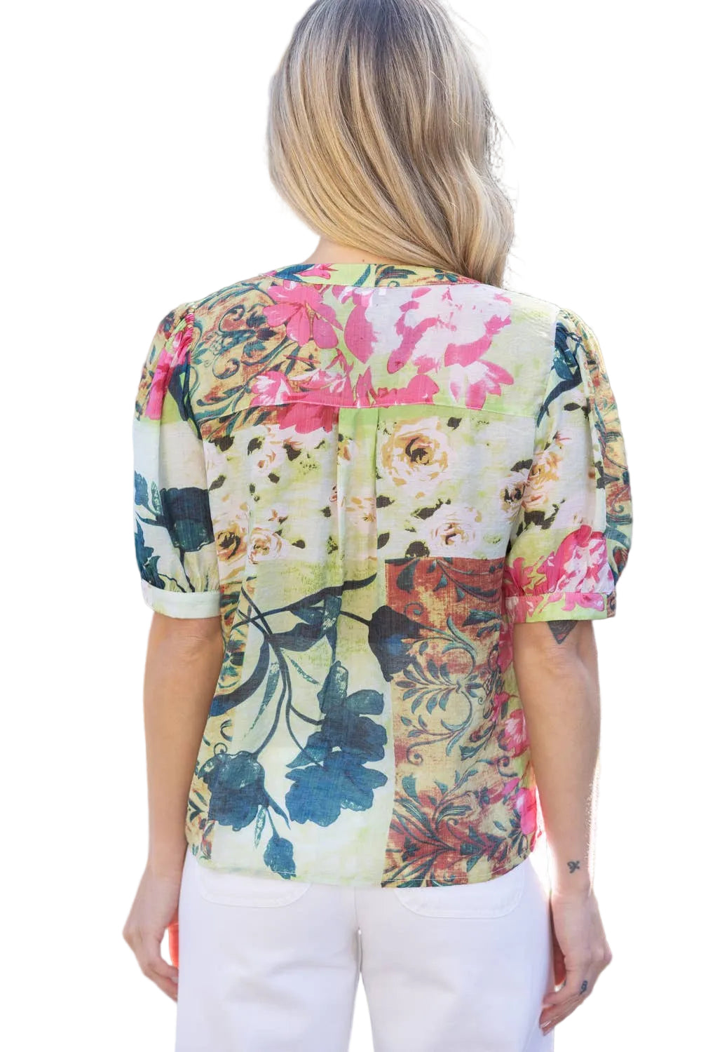 floral puff sleeve blouse, lightweight summer top, women's v-neck floral shirt, button down floral top, boutique spring fashion, breezy floral blouse at ooh la la in Grapevine TX 76051