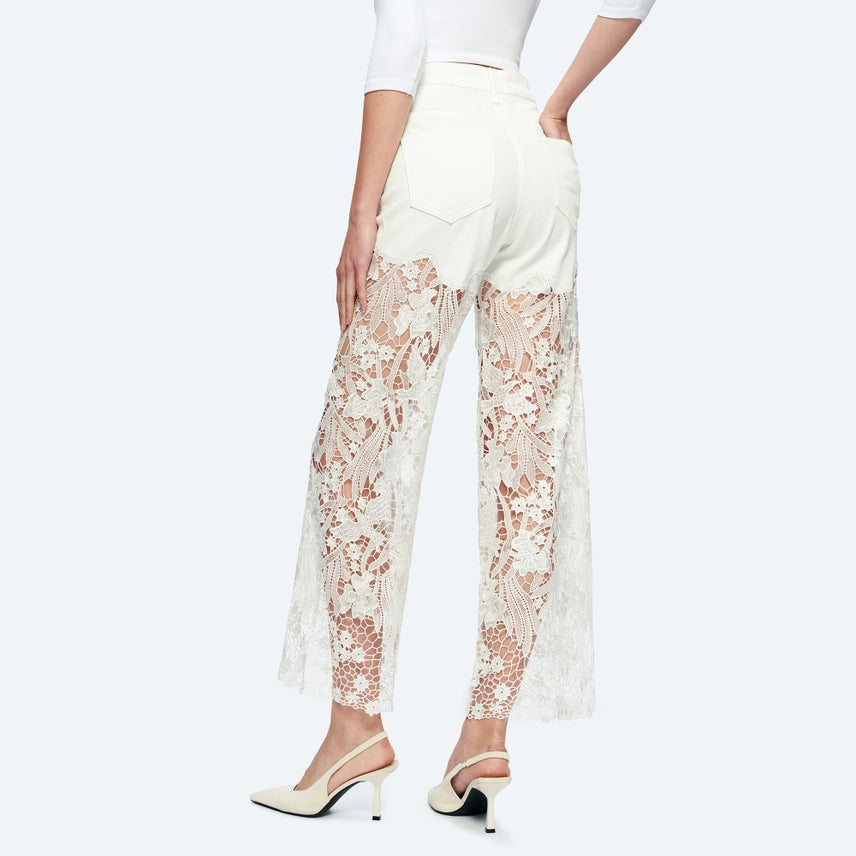 High Rise Wide Leg Lace Denim Jeans With Rhinestones - White at ooh la la! in Grapevine TX 76051