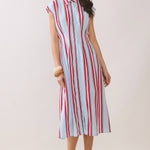 Americana dress, striped midi dress, shirt dress with pockets, A-line summer dress, button down dress, red white and blue dress, slimming vertical stripes, patriotic fashion. at ooh la la! in Grapevine TX 76051