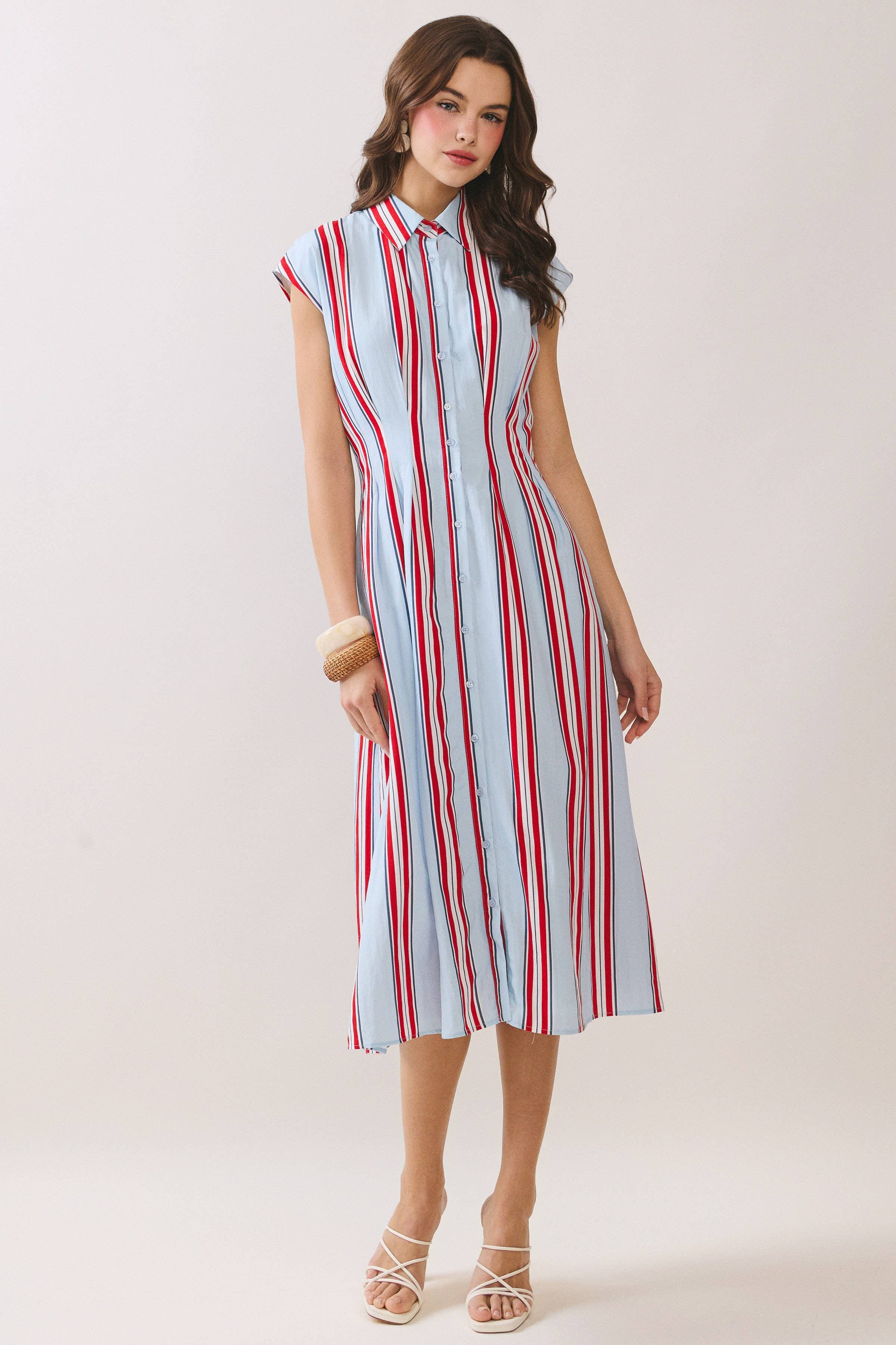 Americana dress, striped midi dress, shirt dress with pockets, A-line summer dress, button down dress, red white and blue dress, slimming vertical stripes, patriotic fashion. at ooh la la! in Grapevine TX 76051