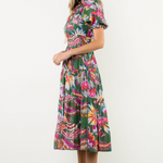 Puff Sleeve Print Tiered Midi Dress at Ooh La La! in Grapevine TX 76051