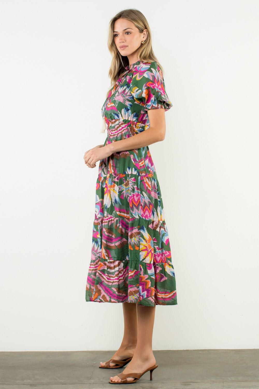 Puff Sleeve Print Tiered Midi Dress at Ooh La La! in Grapevine TX 76051