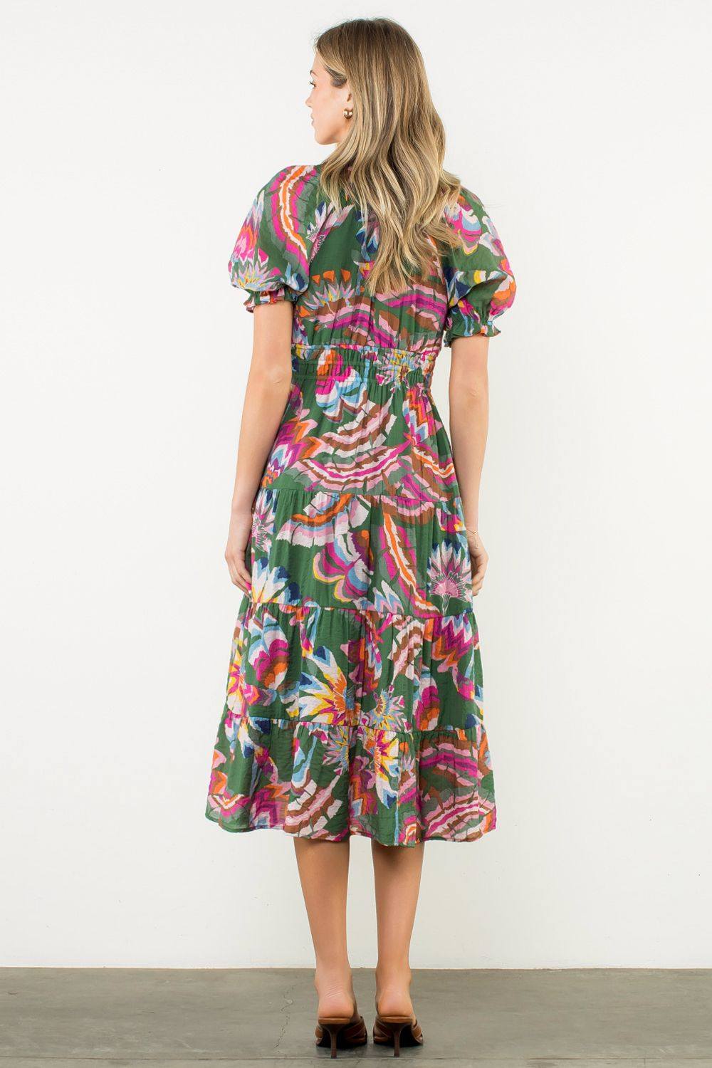 Puff Sleeve Print Tiered Midi Dress at Ooh La La! in Grapevine TX 76051