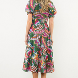 Puff Sleeve Print Tiered Midi Dress at Ooh La La! in Grapevine TX 76051