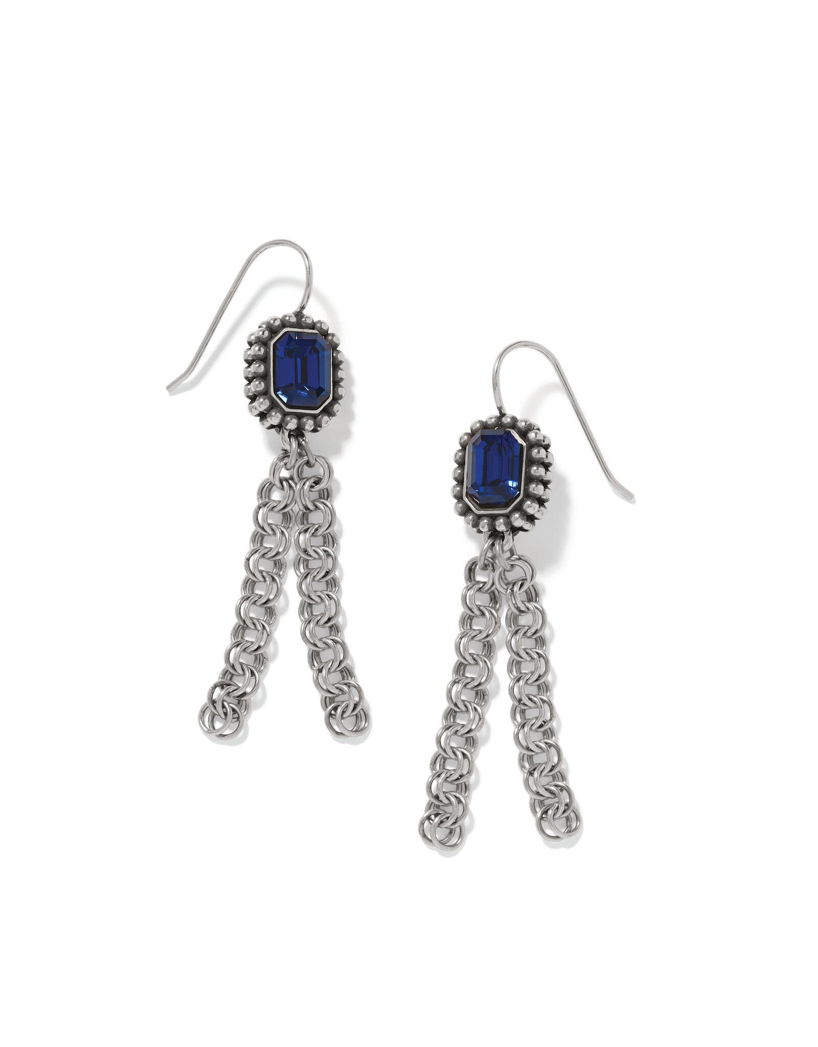 Brighton Twinkle Luxe Tassel Blue French Wire Earrings with silver chain tassels and blue crystal
