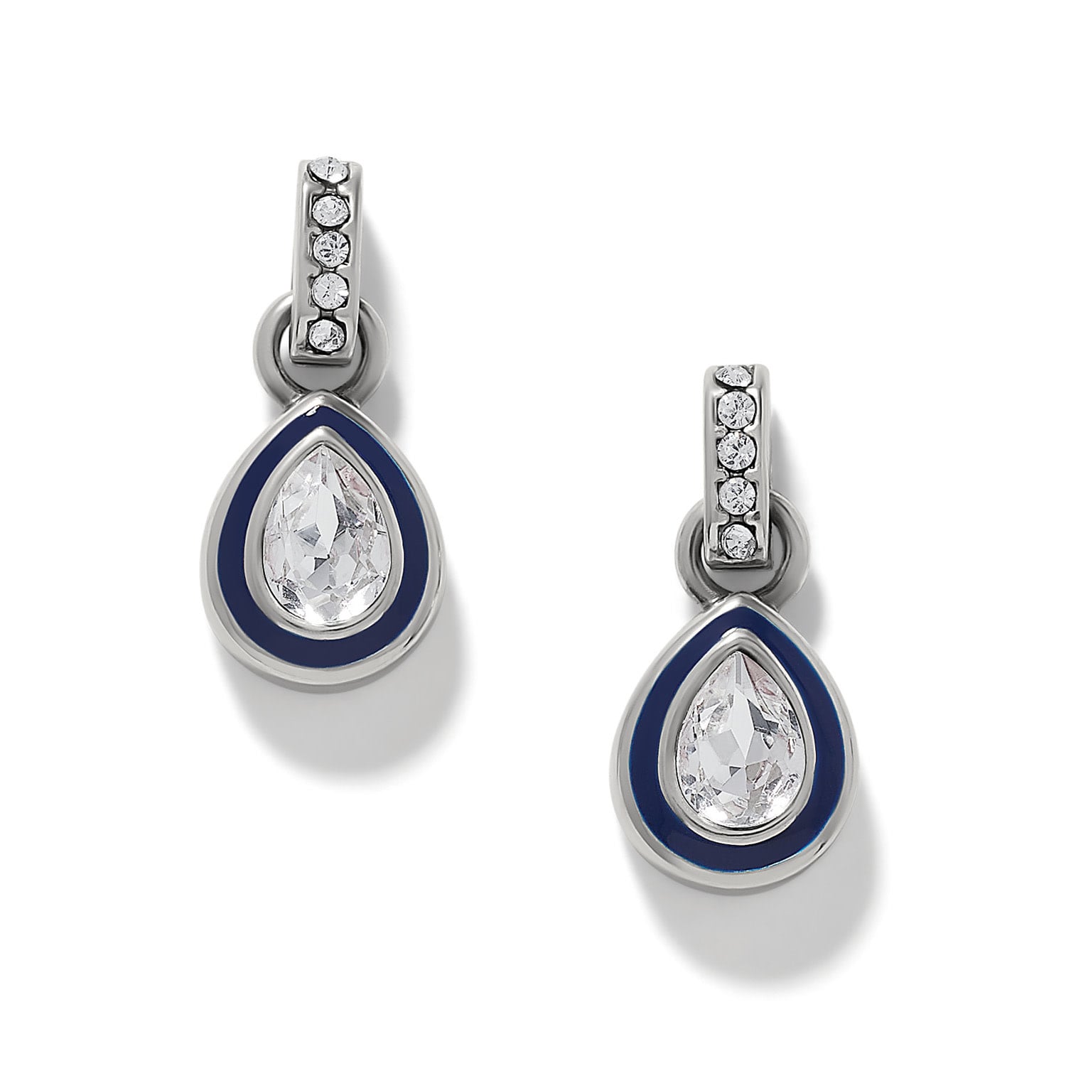 Brighton Halo Gemma Petite Teardrop Post Drop Earrings in silver with navy blue enamel and crystal