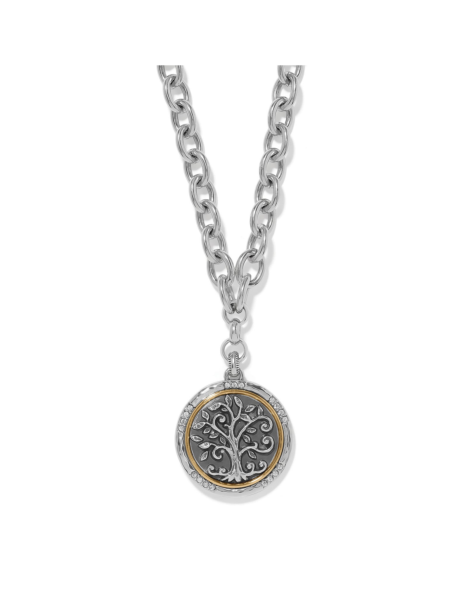 Brighton Interlok Tree of Life necklace with silver chain and two-tone medallion pendant