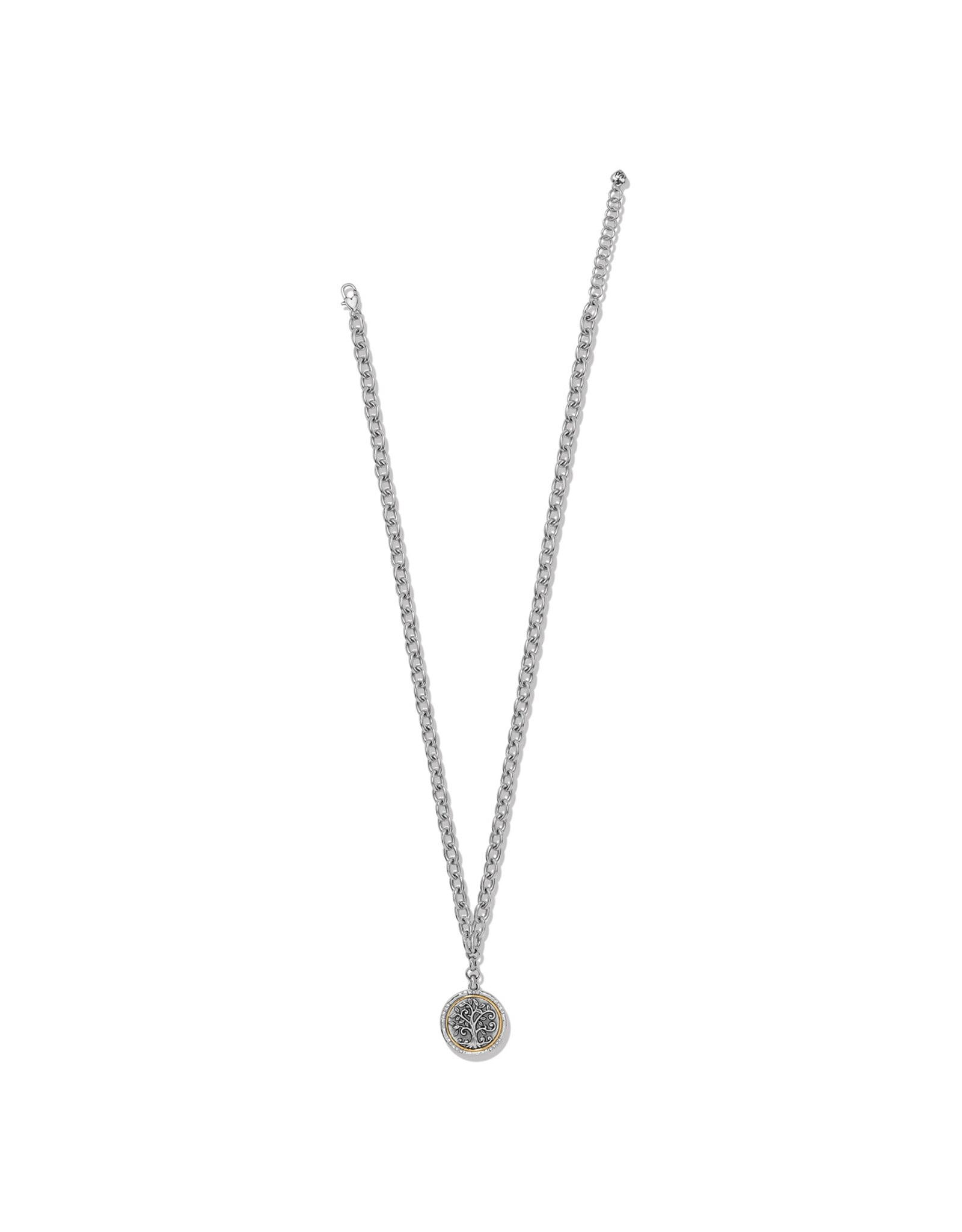 Brighton Interlok Tree of Life necklace with silver chain and two-tone circular pendant