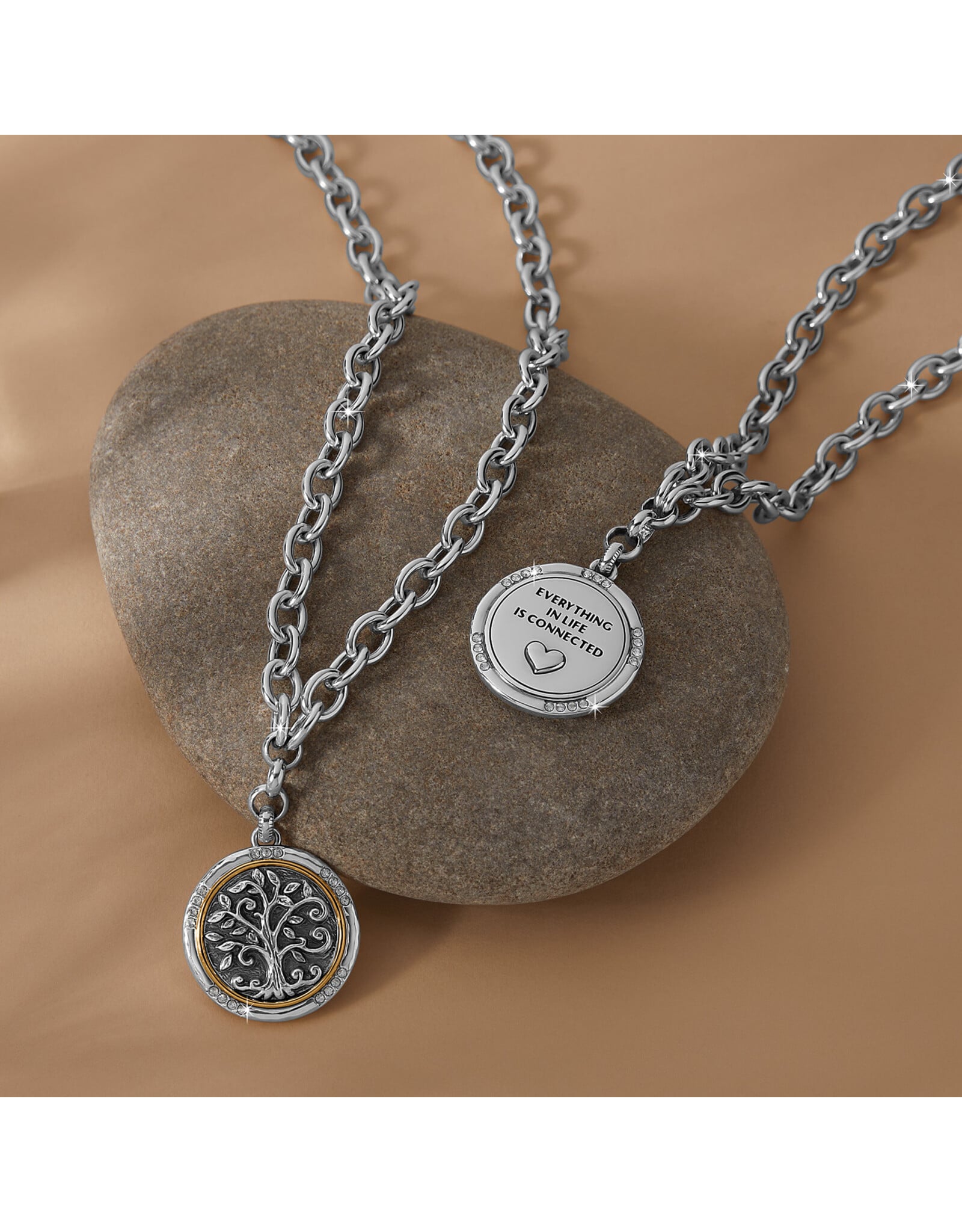 Brighton Interlok Tree of Life Necklace showing front and back of silver medallion pendant