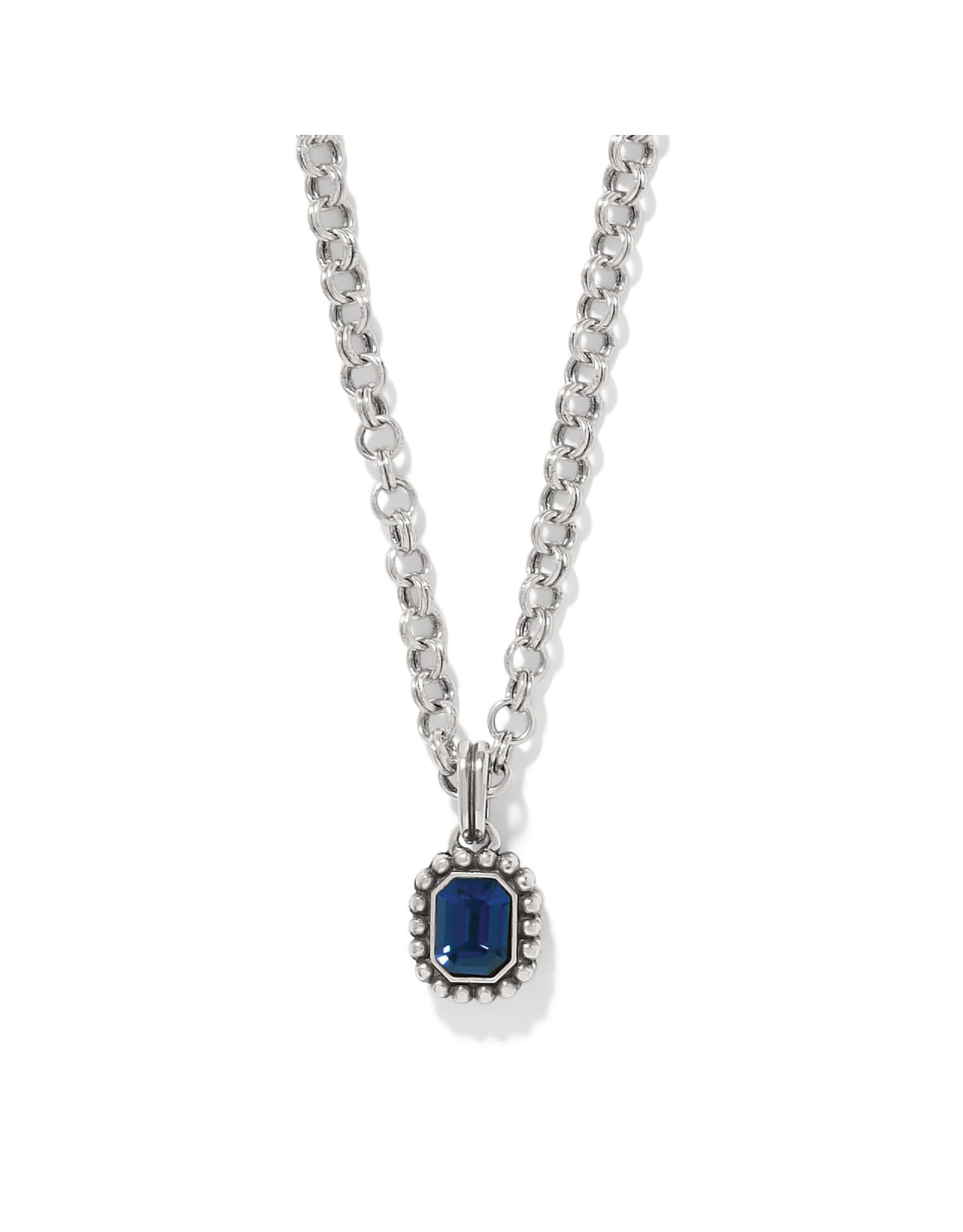 Brighton Twinkle Luxe Blue Necklace with silver rolo chain and navy blue emerald-cut pendant
