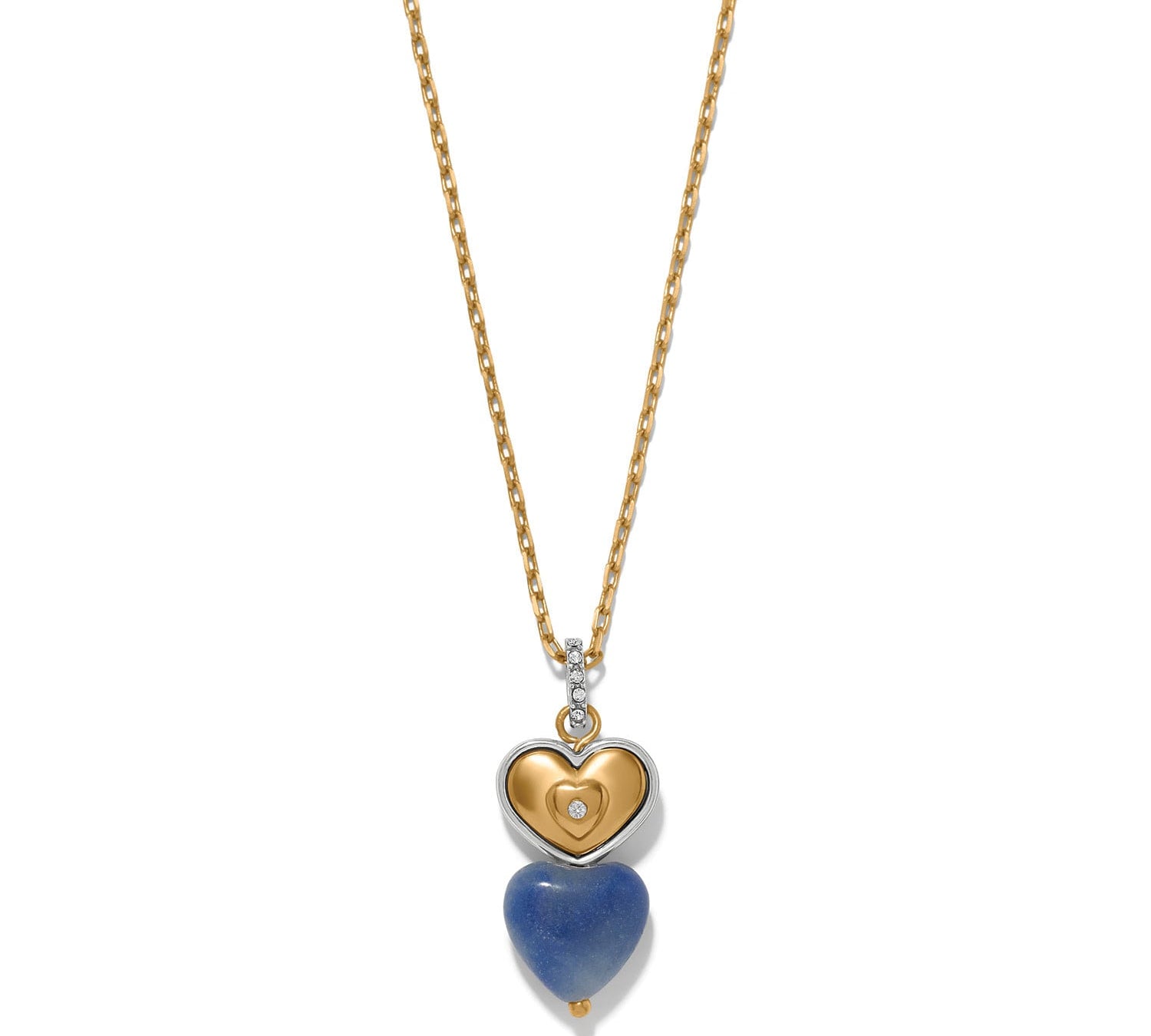 Brighton One Heart Duo Heart Petite Necklace with gold heart pendant and blue stone drop