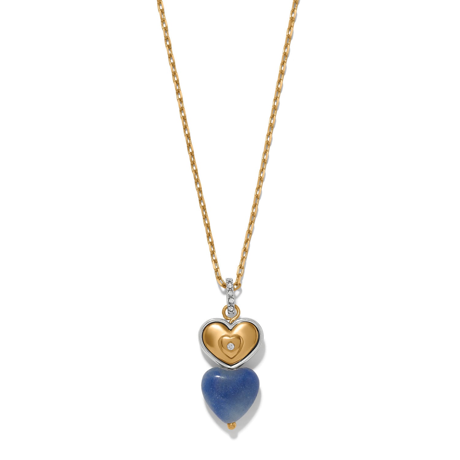 Brighton One Heart Duo Heart Petite Necklace with gold heart pendant and blue stone drop