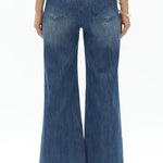 Toronto flare jeans, embroidered denim, scalloped hem jeans, mid rise flare, vine motif jeans, boho chic denim, distressed wide leg, women’s designer jeans, Lyocell denim at ooh la la! in Grapevine TX 76051