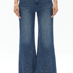 Toronto flare jeans, embroidered denim, scalloped hem jeans, mid rise flare, vine motif jeans, boho chic denim, distressed wide leg, women’s designer jeans, Lyocell denim at ooh la la! in Grapevine TX 76051
