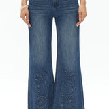 Toronto flare jeans, embroidered denim, scalloped hem jeans, mid rise flare, vine motif jeans, boho chic denim, distressed wide leg, women’s designer jeans, Lyocell denim at ooh la la! in Grapevine TX 76051