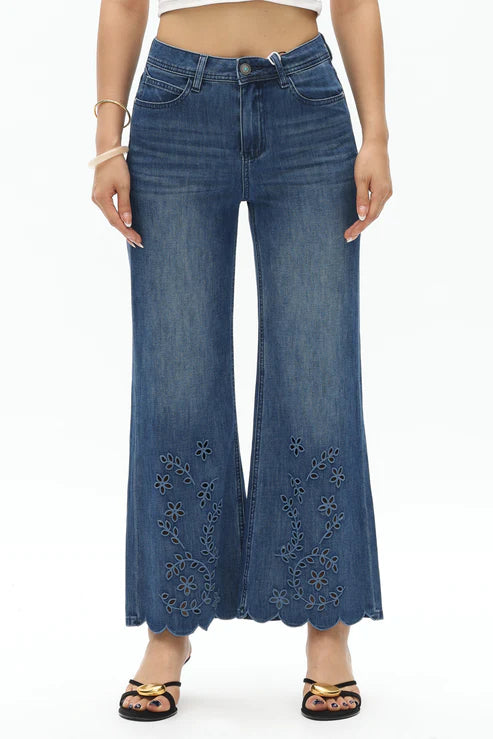 Toronto flare jeans, embroidered denim, scalloped hem jeans, mid rise flare, vine motif jeans, boho chic denim, distressed wide leg, women’s designer jeans, Lyocell denim at ooh la la! in Grapevine TX 76051