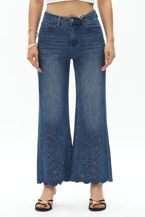 Toronto flare jeans, embroidered denim, scalloped hem jeans, mid rise flare, vine motif jeans, boho chic denim, distressed wide leg, women’s designer jeans, Lyocell denim at ooh la la! in Grapevine TX 76051