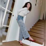 Crystal Embellished Velvet Floral Lace Wide Leg Jeans at ooh la la! in Grapevine TX 76051