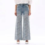 Crystal Embellished Velvet Floral Lace Wide Leg Jeans at ooh la la! in Grapevine TX 76051