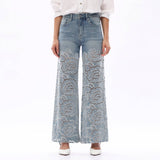 Crystal Embellished Velvet Floral Lace Wide Leg Jeans at ooh la la! in Grapevine TX 76051