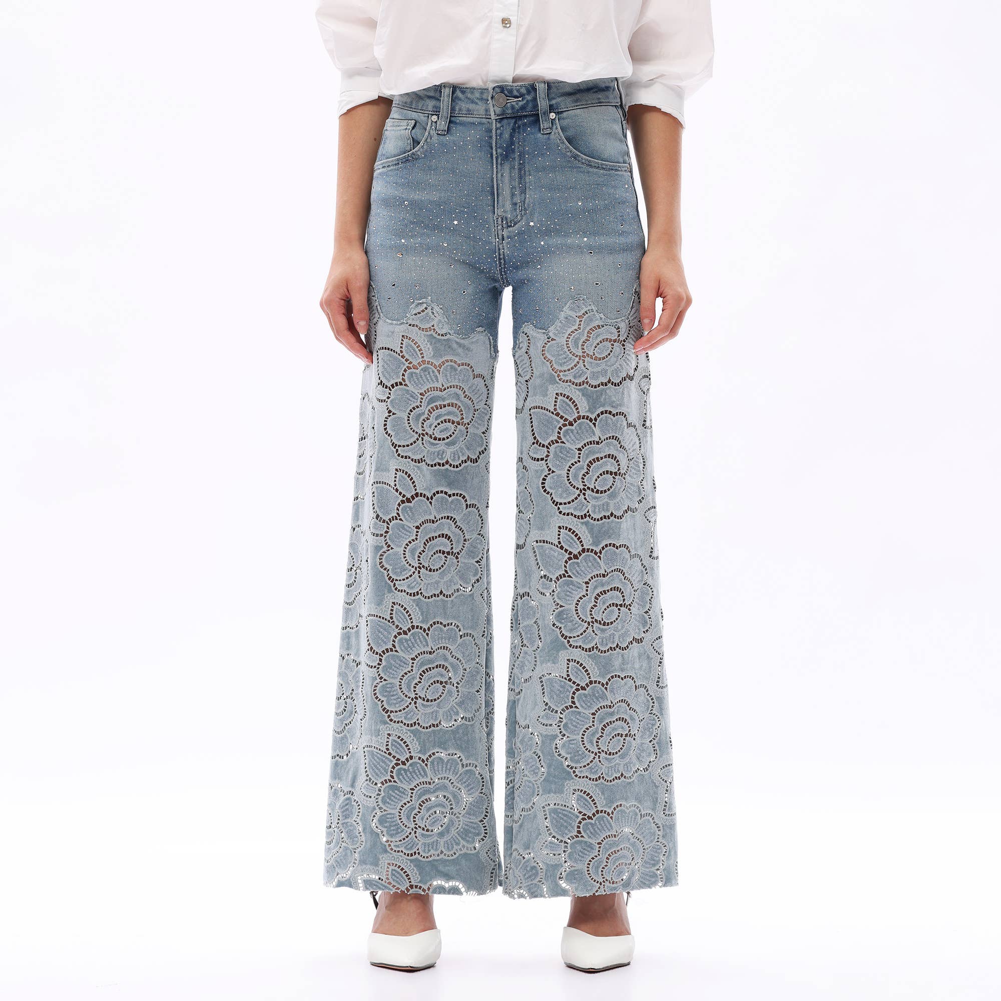 Crystal Embellished Velvet Floral Lace Wide Leg Jeans at ooh la la! in Grapevine TX 76051