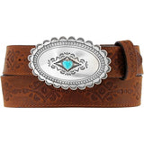 Brighton Navajo Heart Belt in brown leather with silver oval buckle and turquoise center stone