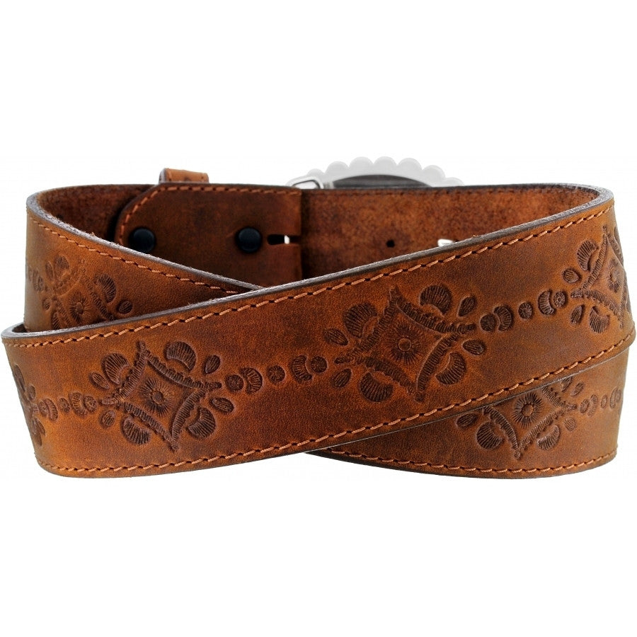 Brighton Navajo Heart Belt in tan leather with embossed floral design