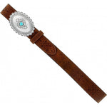 Brighton Navajo Heart Belt with brown tooled leather and silver oval buckle with turquoise stone