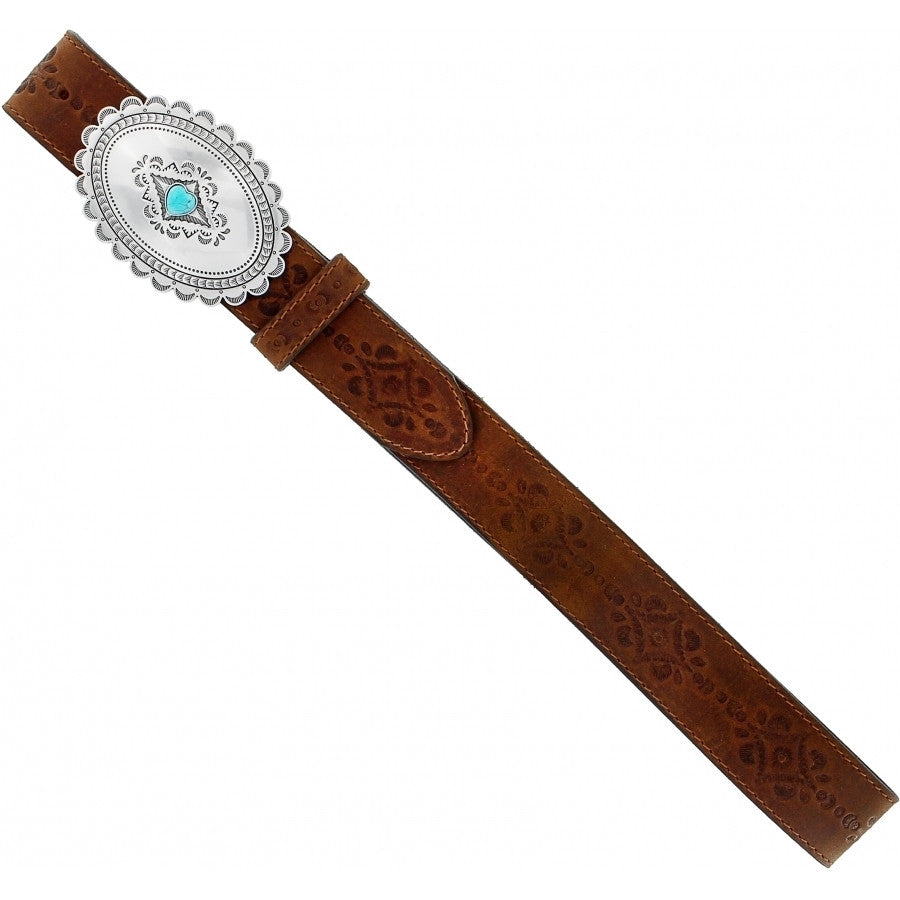 Brighton Navajo Heart Belt with brown tooled leather and silver oval buckle with turquoise stone