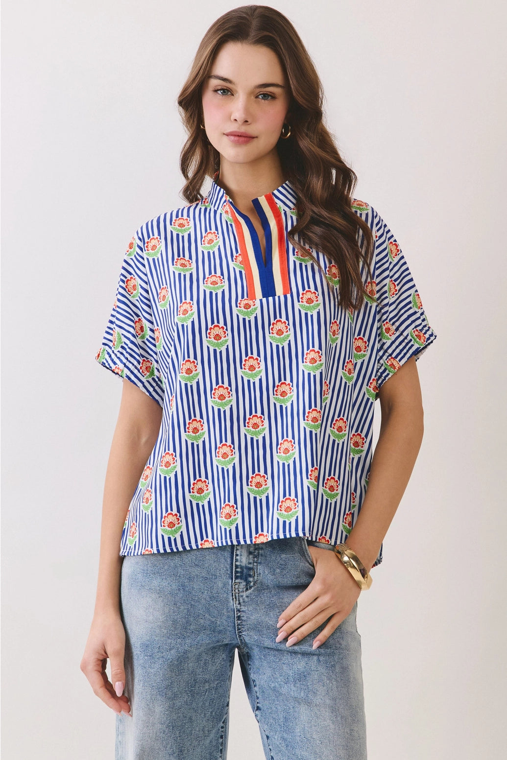 floral stripe print, split neck blouse, women top, versatile blouse, dressy casual top at ooh la la! in Grapevine TX 76051