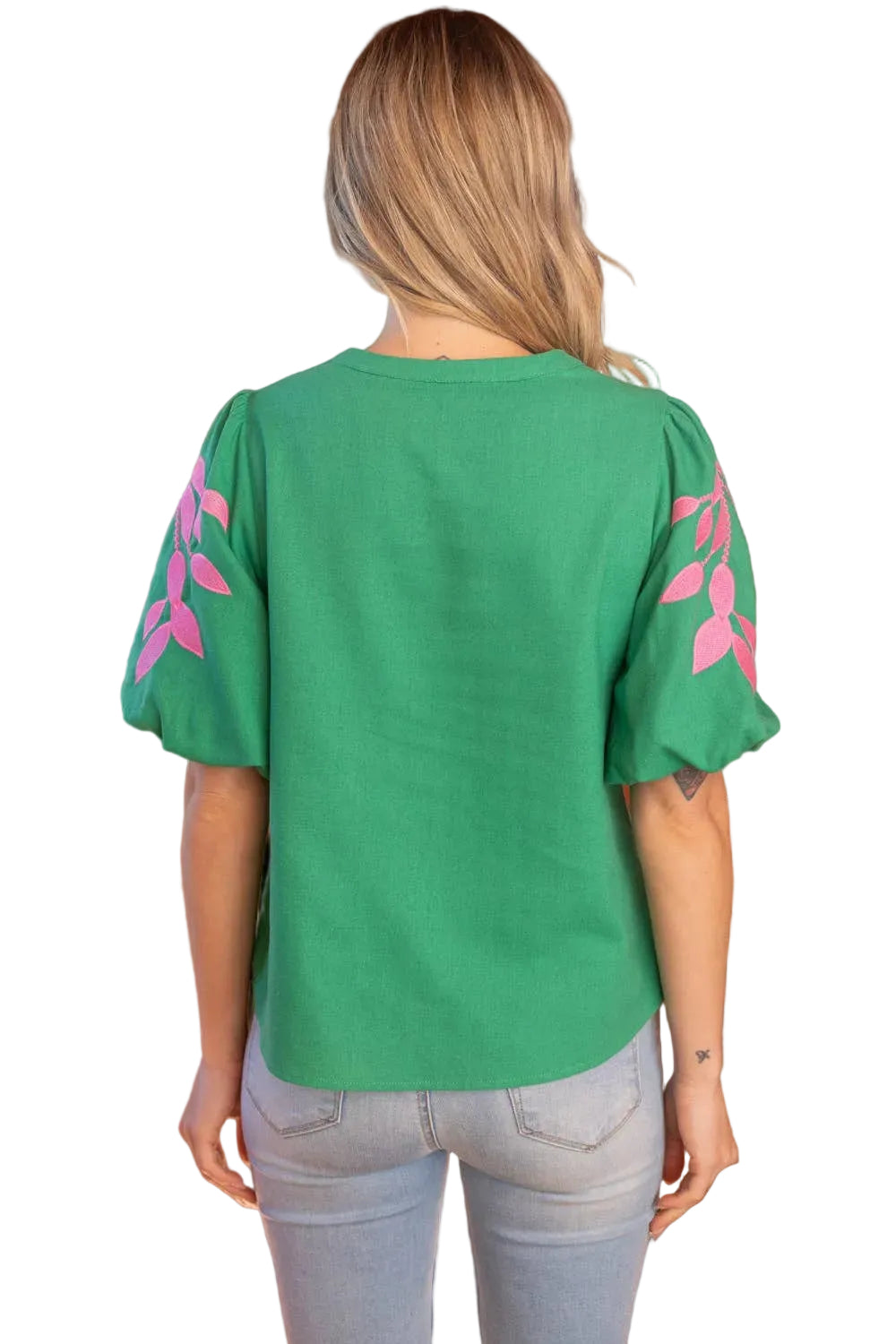 embroidered linen top, bubble sleeve blouse, green floral top, resort wear for women, v-neck summer blouse, pink and green top, botanical embroidery clothing, puff sleeve linen shirt at ooh la la! in Grapevine TX 76051