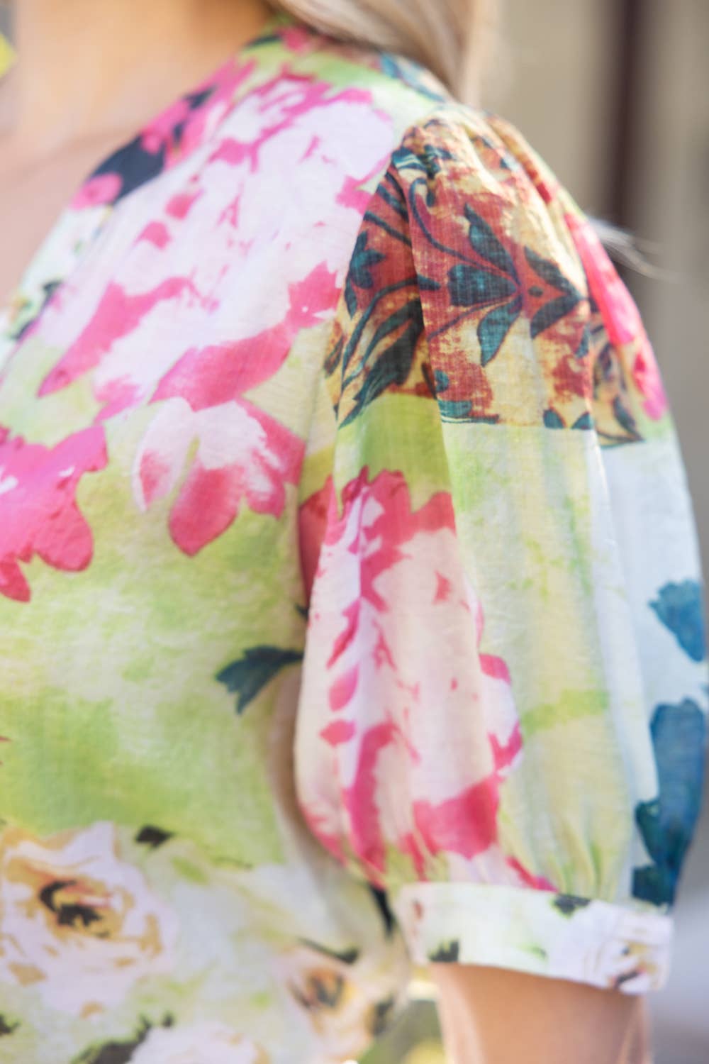 floral puff sleeve blouse, lightweight summer top, women's v-neck floral shirt, button down floral top, boutique spring fashion, breezy floral blouse at ooh la la in Grapevine TX 76051