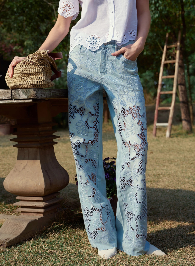 High Rise Lace Front Straight Leg Jeans in light blue at ooh la la! in Grapevine TX 76051