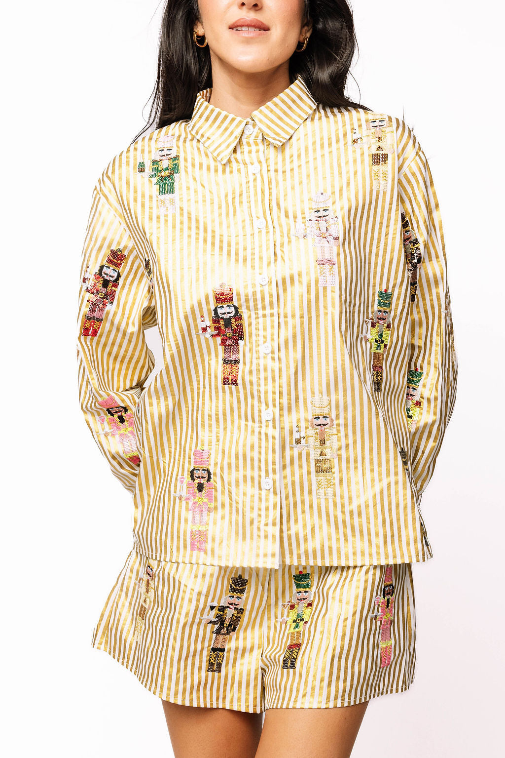 Queen of Sparkles Metallic Stripe Cocktail Serving Nutcracker Button Up Top at ooh la la! in Grapevine TX 76051