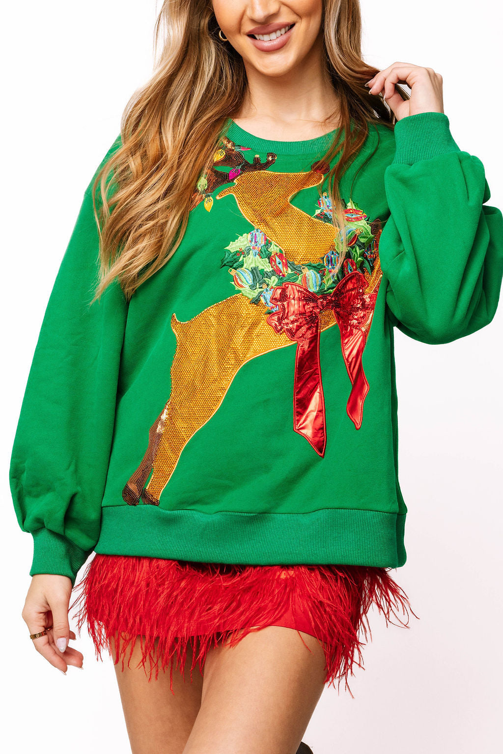 Queen of Sparkles Rhinestone Rudolph Wearing A Wreath Sweatshirt at ooh la la! in Grapevine TX 76051