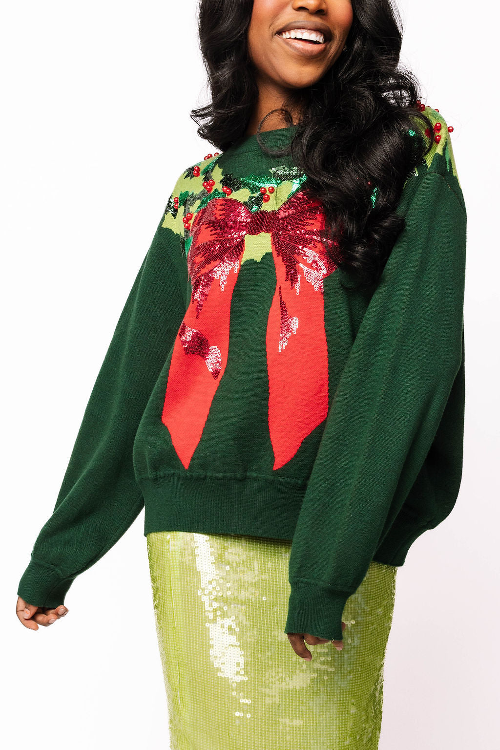 Queen of Sparkles Dark Green & Red Wreath Around Neck Sweater at ooh la la! in Grapevine TX 76051