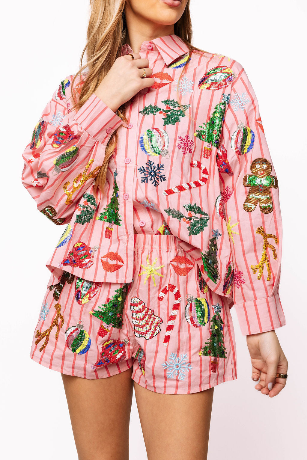Queen of Sparkles Light Pink & Red Stripe Christmas Icons Cotton Button Up Top at ooh la la! in Grapevine TX 76051