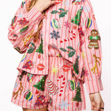 Queen of Sparkles Light Pink & Red Stripe Christmas Icons Cotton Button Up Top at ooh la la! in Grapevine TX 76051