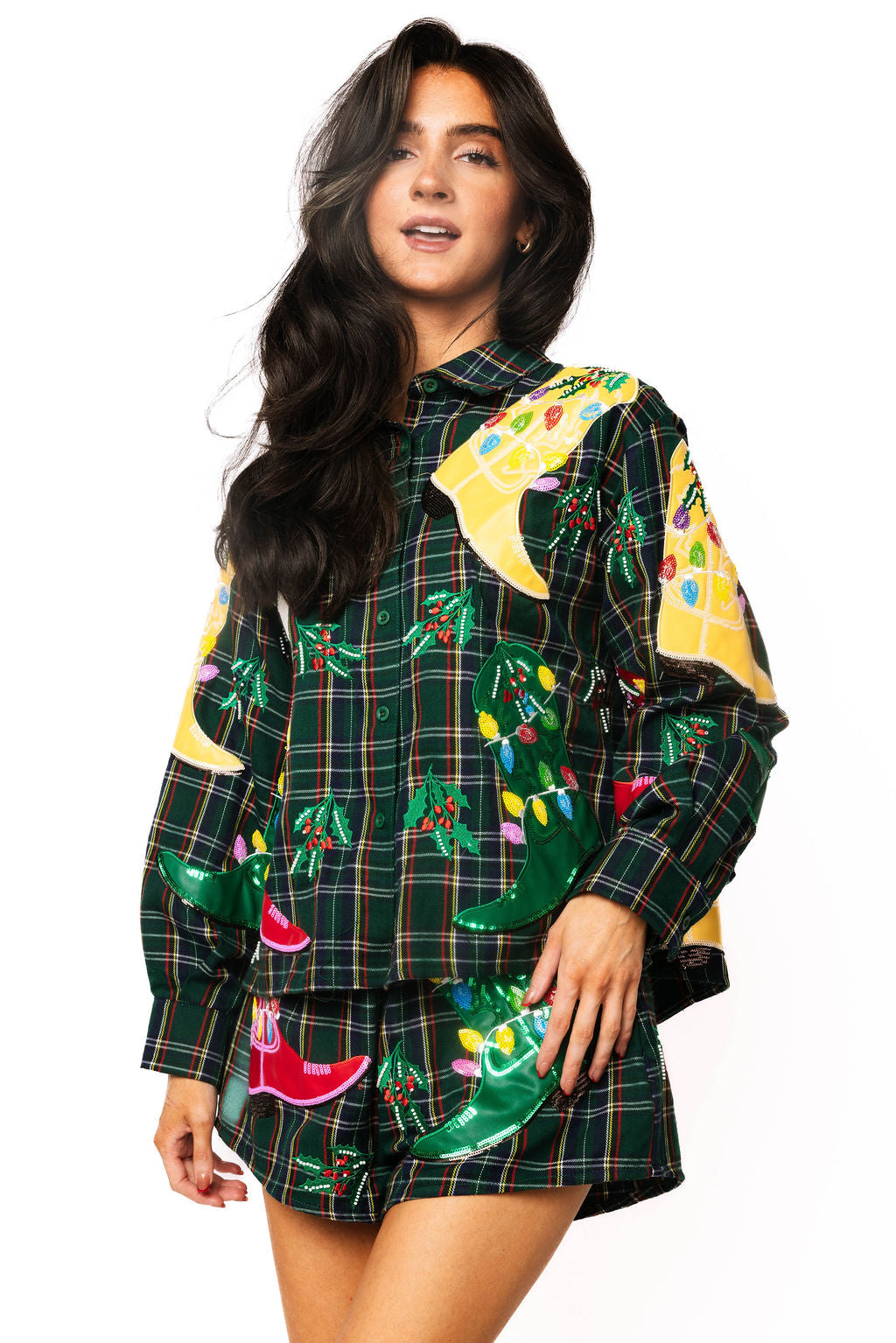Queen of Sparkles dark green plaid Christmas cowboy boots button-up top with sequin embellishments at ooh la la! in Grapevne TX 76051