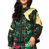 Queen of Sparkles dark green plaid Christmas cowboy boots button-up top with sequin embellishments at ooh la la! in Grapevne TX 76051